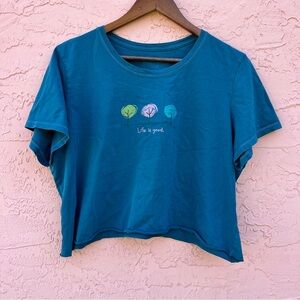 Life is Good Cropped Teal Blue Green T-Shirt Tee Top Faded